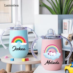 Personalised Kids Sippy Cup, Sippy Cup with Handles, Rainbow Cup, First Birthday Gift, First Christmas Gifts, Toddler Gift, Preschool Bottle