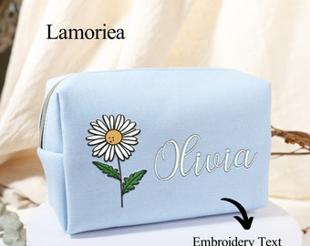 Bolsa de maquillaje de flor de nacimiento de bordado personalizado, regalo de cumpleaños, bolsa de viaje del mes de nacimiento, bolsa de maquillaje floral, regalo para ella, regalo para esposa/novia