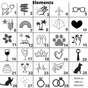K&ouml;nnte beinhalten: Schwarzwei&szlig;e Illustrationen verschiedener Symbole, darunter Reisen, Liebe, Natur und mehr. Die Symbole sind von 1 bis 29 nummeriert. Der Text "Elements" befindet sich oben im Bild. Der Text "Send us idea or element" befindet sich unten im Bild.