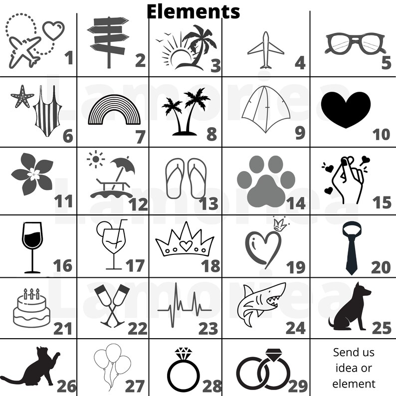 K&ouml;nnte beinhalten: Schwarzwei&szlig;e Illustrationen verschiedener Symbole, darunter Reisen, Liebe, Natur und mehr. Die Symbole sind von 1 bis 29 nummeriert. Der Text "Elements" befindet sich oben im Bild. Der Text "Send us idea or element" befindet sich unten im Bild.