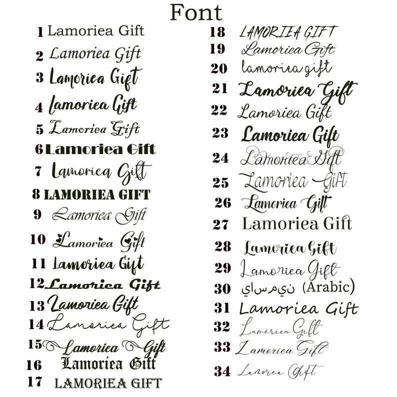 May include: A black and white image showcasing a variety of fonts, each displaying the text "Lamoriea Gift." The fonts range from elegant scripts to bold, block letters, with the word "Font" at the top.