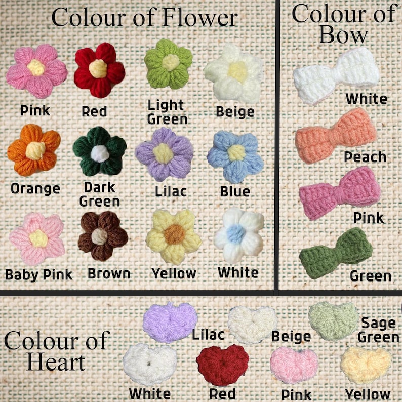 May include: A collection of crochet embellishments featuring flowers, bows, and hearts in various colours. The flowers include pink, red, light green, beige, orange, dark green, lilac, blue, baby pink, brown, yellow, and white. Bows are white, peach, pink, and green. Hearts are lilac, beige, sage green, white, red, pink, and yellow.