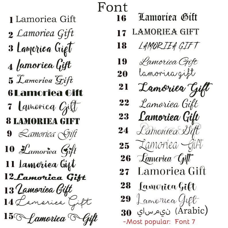 Pode incluir: Um gr&aacute;fico que mostra 30 estilos de fonte diferentes para o nome "Lamorica Gift". O gr&aacute;fico &eacute; etiquetado como "Fonte" e cada estilo de fonte &eacute; numerado de 1 a 30. A &uacute;ltima linha do gr&aacute;fico diz "Mais popular: Fonte 7".