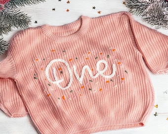 Custom Baby First Birthday Sweater, Birthday Gift, First Christmas Gift, Hand Embroidered Sweater, Baby 1st Birthday Jumper, Name Sweater