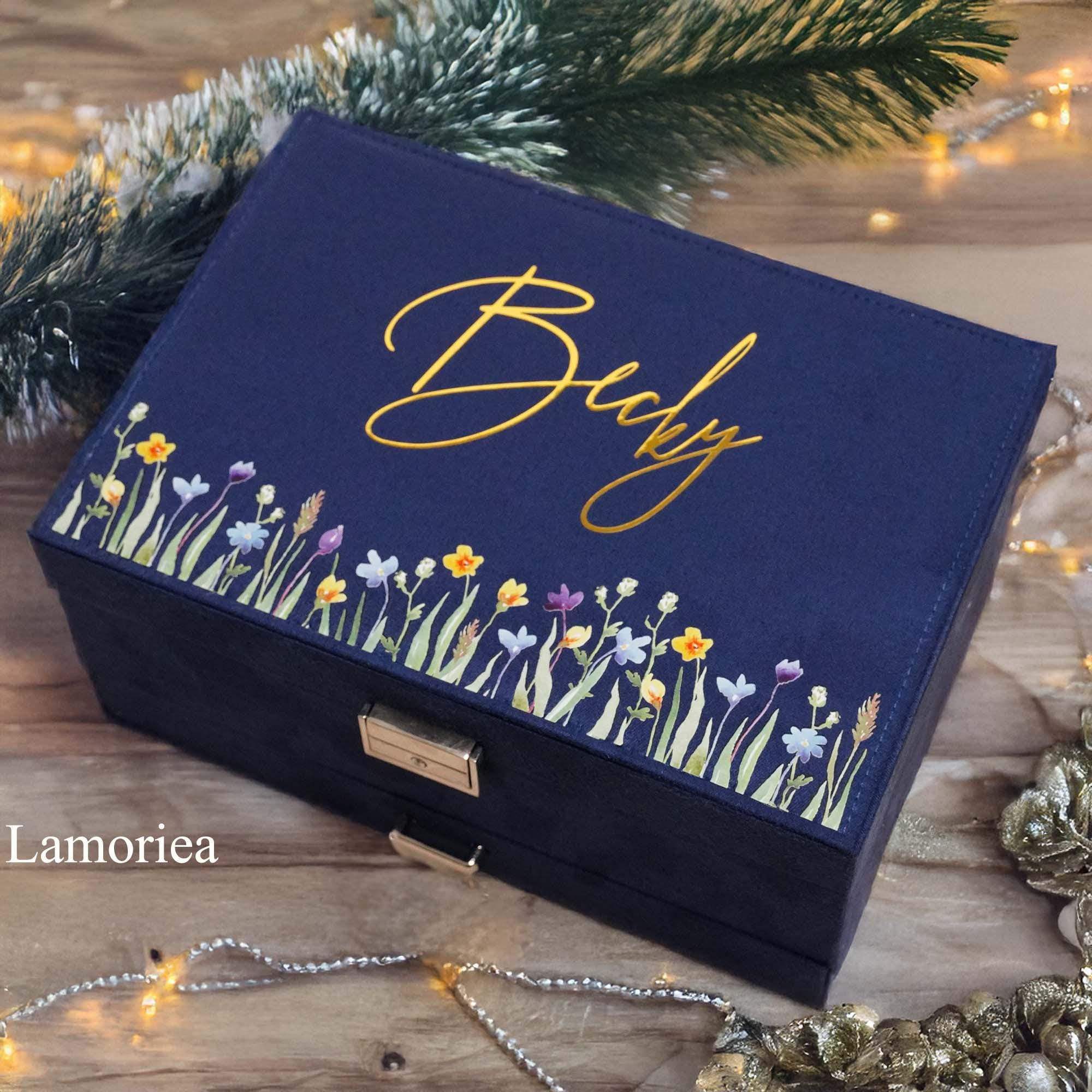 Portagioie Personalizzato Con Nome E Fiori - Grande Scrigno In Velluto Con Cassetto Per Donne E Ragazze - Regalo Damigella, Mamma, Compleanno - 5