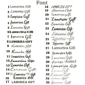 May include: A black and white image showcasing 35 different font styles, each displaying the text "Lamoriea Gift". The fonts vary in style, from elegant scripts to bold, block letters. The word "Font" is at the top.