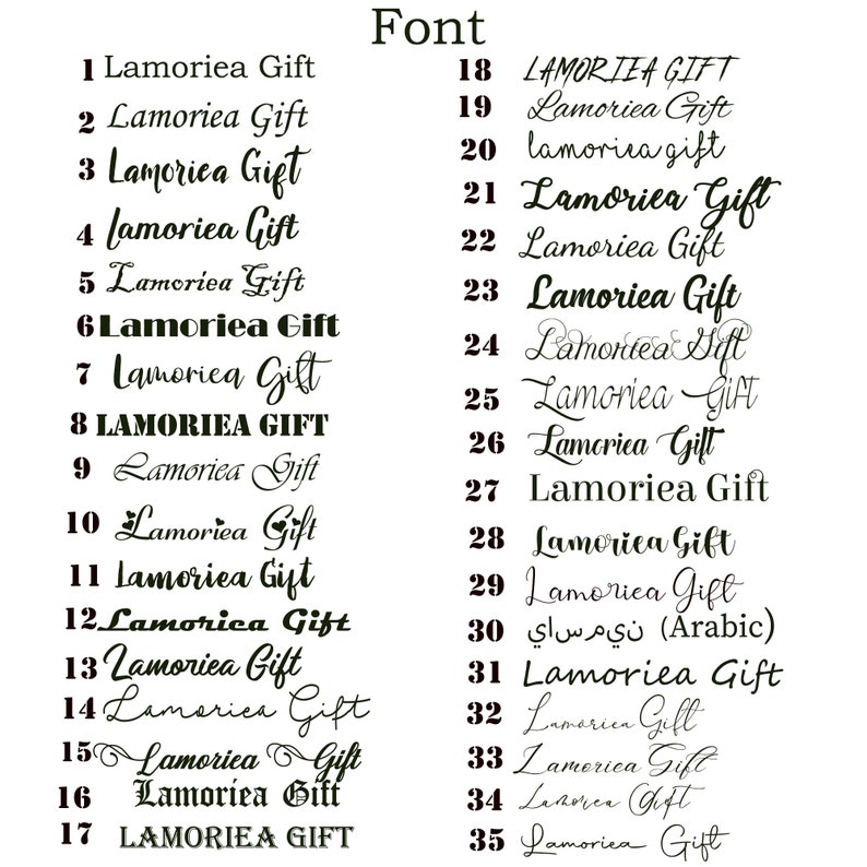 May include: A black and white image showcasing 35 different font styles, each displaying the text "Lamoriea Gift". The fonts vary in style, from elegant scripts to bold, block letters. The word "Font" is at the top.