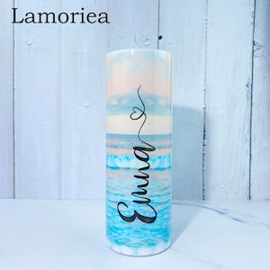 Vaso personalizado, vaso de estilo de verano personalizado, vaso de acero inoxidable con paja, vaso de vacaciones de vaso delgado personalizado grabado