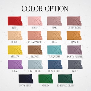 May include: Color chart showing 18 different fabric colors. The colors are arranged in four rows of four colors each. The colors are: red, blush, pink, dusty rose, beige, champagne, coral, orange, yellow, brown, turquoise, dusty purple, lilac, light blue, dusty blue, grey, navy blue, green, and emerald green.