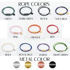 May include: A selection of leather bracelets with different rope colors and metal accents. The rope colors include green, dark green, black, navy blue, pink, orange, red, beige, royal blue, purple, and light green. The metal accents are silver, gold, rose gold, and black.