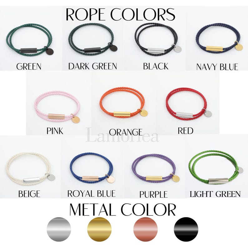 May include: A selection of leather bracelets with different rope colors and metal accents. The rope colors include green, dark green, black, navy blue, pink, orange, red, beige, royal blue, purple, and light green. The metal accents are silver, gold, rose gold, and black.