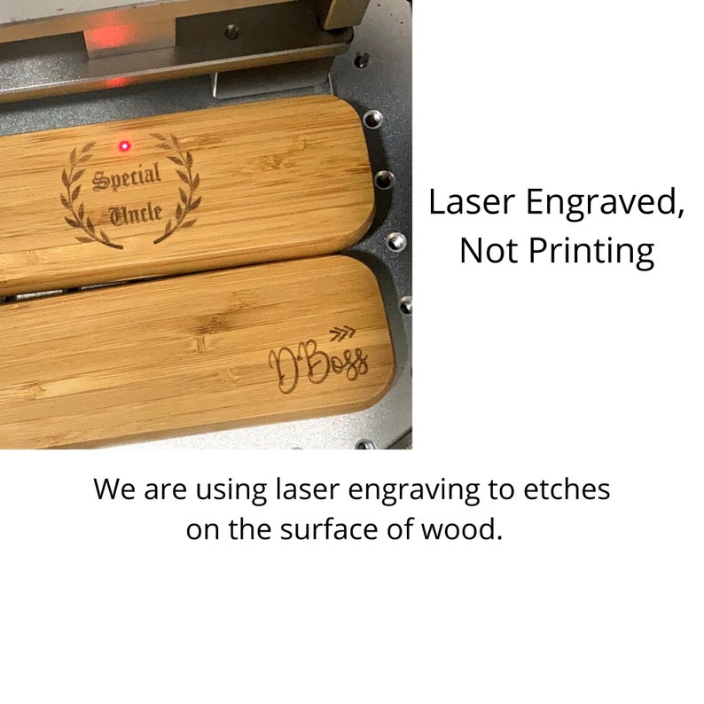 May include: Two wooden rectangular plaques with laser engraved text. The top plaque reads "Special Uncle" with a laurel wreath around the text. The bottom plaque reads "D'Boss" with an arrow pointing to the right. The text "Laser Engraved, Not Printing" is visible on the right side of the image. The text "We are using laser engraving to etches on the surface of wood." is visible below the image.