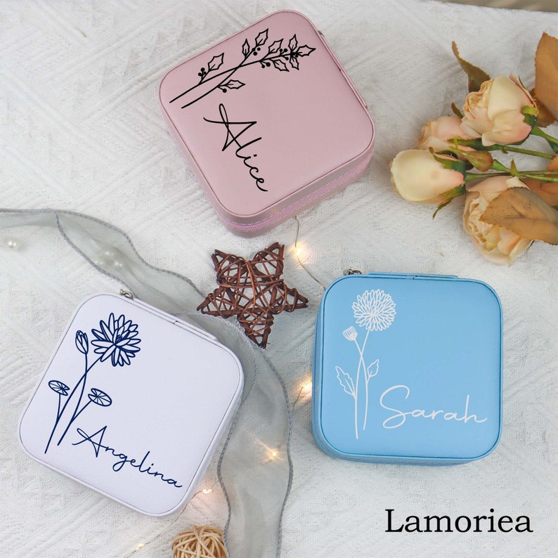 Birth Flower Jewelry Box, Birth Month Flower Gift, Travel Jewelry Case, Birthday Gift, Bridal Party Gifts, Personalized Gift For Her 画像 2