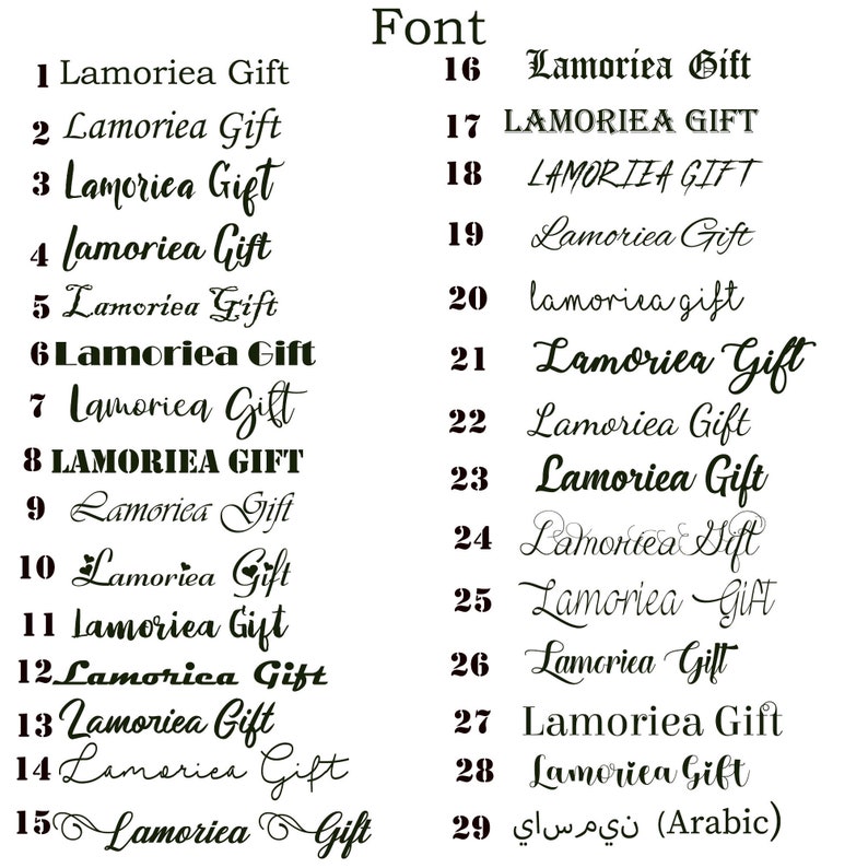 K&ouml;nnte beinhalten: Ein Diagramm mit 29 verschiedenen Schriftarten f&uuml;r den Namen "Lamorica Gift". Die Schriftarten reichen von schlicht bis kunstvoll und umfassen Gro&szlig;buchstaben, Kleinbuchstaben und kursive Schriftarten.