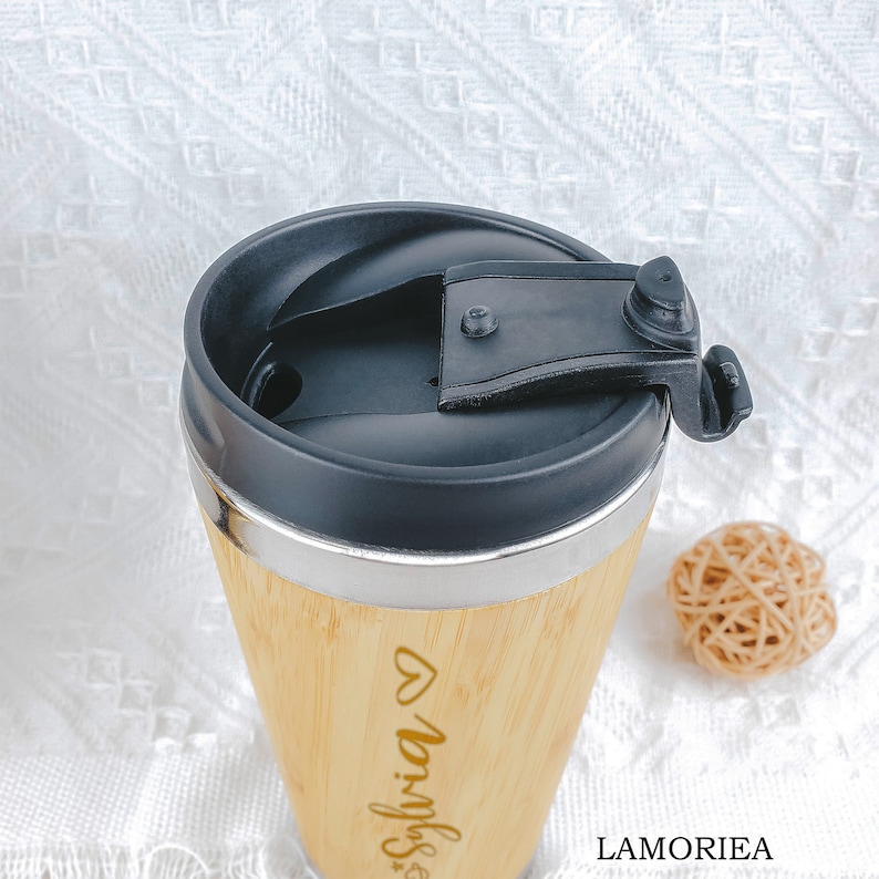 Aangepaste bamboe koffiemok, gepersonaliseerde geïsoleerde mok, gegraveerde koffiemok, eco-vriendelijke bamboe mok, drankenfles, monogrambeker, cadeau voor haar afbeelding 5