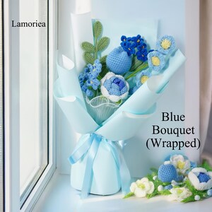 May include: A blue crocheted flower bouquet wrapped in light blue paper with a blue ribbon. The bouquet is labeled "Blue Bouquet (Wrapped)".