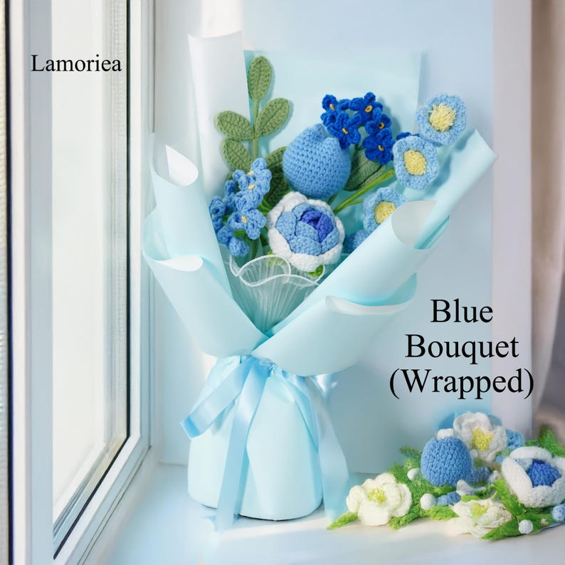 May include: A blue crocheted flower bouquet wrapped in light blue paper with a blue ribbon. The bouquet is labeled "Blue Bouquet (Wrapped)".