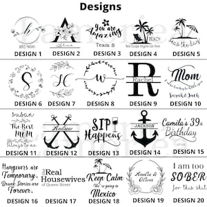 Pode incluir: Vinte designs diferentes para copos, canecas ou outros artigos de mesa personalizados. Cada design apresenta um gr&aacute;fico diferente, incluindo texto, flores, &acirc;ncoras e palmeiras. Os designs s&atilde;o numerados de 1 a 20.