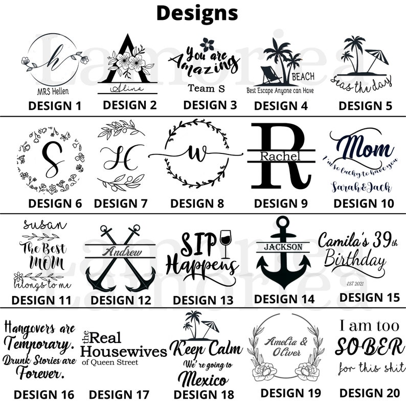 Pode incluir: Vinte designs diferentes para copos, canecas ou outros artigos de mesa personalizados. Cada design apresenta um gr&aacute;fico diferente, incluindo texto, flores, &acirc;ncoras e palmeiras. Os designs s&atilde;o numerados de 1 a 20.