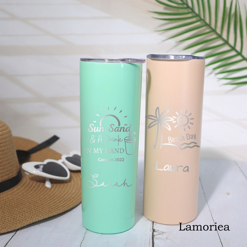 Personalised Vacation 20oz Skinny Tumbler, Custom Engraved Insulated Tumbler, Tumbler with Straw, Bridesmaid Proposal, Family Trip Cup image 2