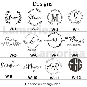 May include: Twelve different designs for a wedding stamp. The designs include a wreath with the name Laura, a circle with the text "Best Man Steve 2021.12.20", a circle with the letter M, a wreath with the letter S, a wreath with the text "Becry", a circle with the letter H and the text "MRS Hellen", a wreath with the letter W, a circle with the text "mr & mrs SAVE THE DATE", a cursive script with the name Sarah, a circle with the text "Megan", a circle with the text "A R 10/23/2021" and a circle with the letters GGG.