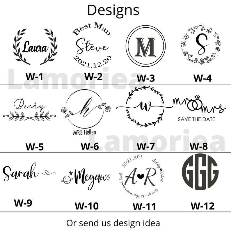 May include: Twelve different designs for a wedding stamp. The designs include a wreath with the name Laura, a circle with the text "Best Man Steve 2021.12.20", a circle with the letter M, a wreath with the letter S, a wreath with the text "Becry", a circle with the letter H and the text "MRS Hellen", a wreath with the letter W, a circle with the text "mr & mrs SAVE THE DATE", a cursive script with the name Sarah, a circle with the text "Megan", a circle with the text "A R 10/23/2021" and a circle with the letters GGG.