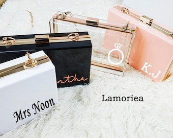 Personalisierte Acryl Braut Clutch für Frau Brautjungfer Ehrfrau Geschenk Bachelorette Party Gastgeschenke Flitterwochen Tasche