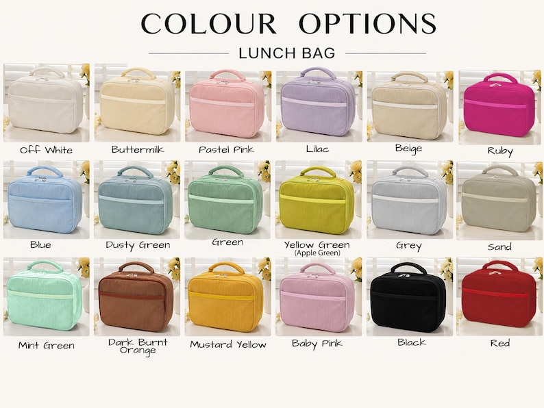Puede incluir: Una colecci&oacute;n de bolsas de almuerzo rectangulares mostradas en dieciocho colores s&oacute;lidos diferentes, incluyendo blanco roto, suero de leche, rosa pastel, lila, beige, rub&iacute;, azul, verde polvoriento, verde, verde amarillento, gris, arena, verde menta, naranja quemado, amarillo mostaza, rosa beb&eacute;, negro y rojo.