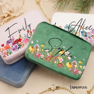 Scatola portagioie in velluto personalizzata, scatola portagioie da viaggio, scatola portagioie da donna, proposta di damigella d'onore, scatola floreale, regalo di compleanno, regalo per lei
