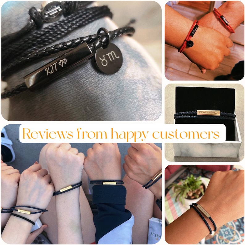 May include: A collage of images showing different styles of personalized leather bracelets. The bracelets feature engraved names, zodiac signs, and the phrase "Come is Good".