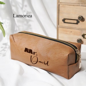 Gepersonaliseerde gegraveerde pennenetui, leren pennenhouder met monogram, Vaderdagcadeaus, kerstcadeaus, potloodzakje met rits, cadeau vader