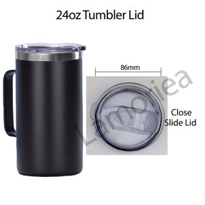 May include: Black 24oz tumbler with a stainless steel lid and a black handle. The lid is a close slide lid and measures 86mm in diameter.