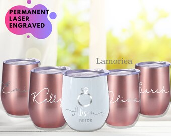 Vaso de vino personalizado, copa de vino a medida, recuerdos para despedida de soltera, vaso con monograma, vaso de vino sin tallo con aislamiento térmico, tapa y pajita.