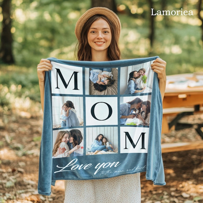May include: A blue fleece blanket with a photo collage of a family. The blanket features the word "MOM" in large white letters and the phrase "Love you to the moon and back" in white script.