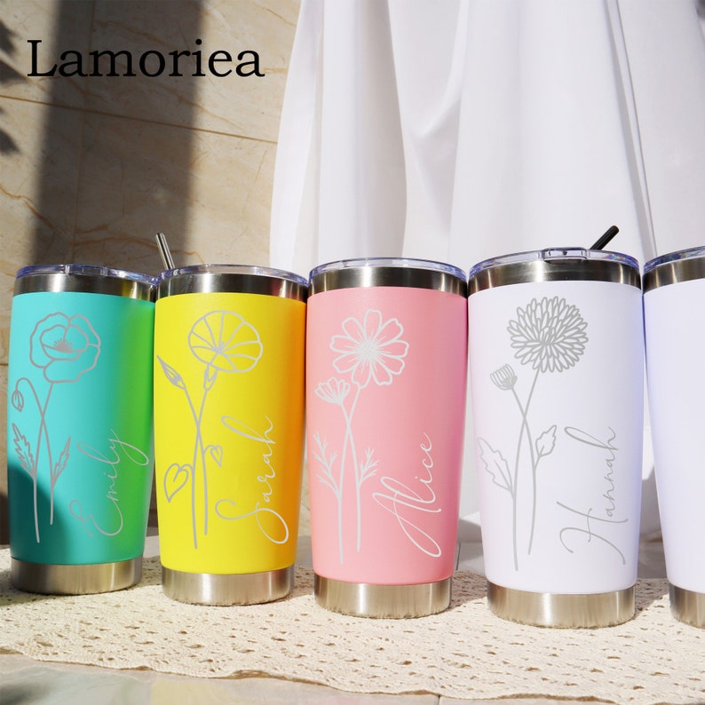 Personalized Birth Flower 20oz Tumbler, Laser Engraved Tumbler, Stainless Steel Mug, Insulated Tumbler, Birth Flower Tumbler image 2
