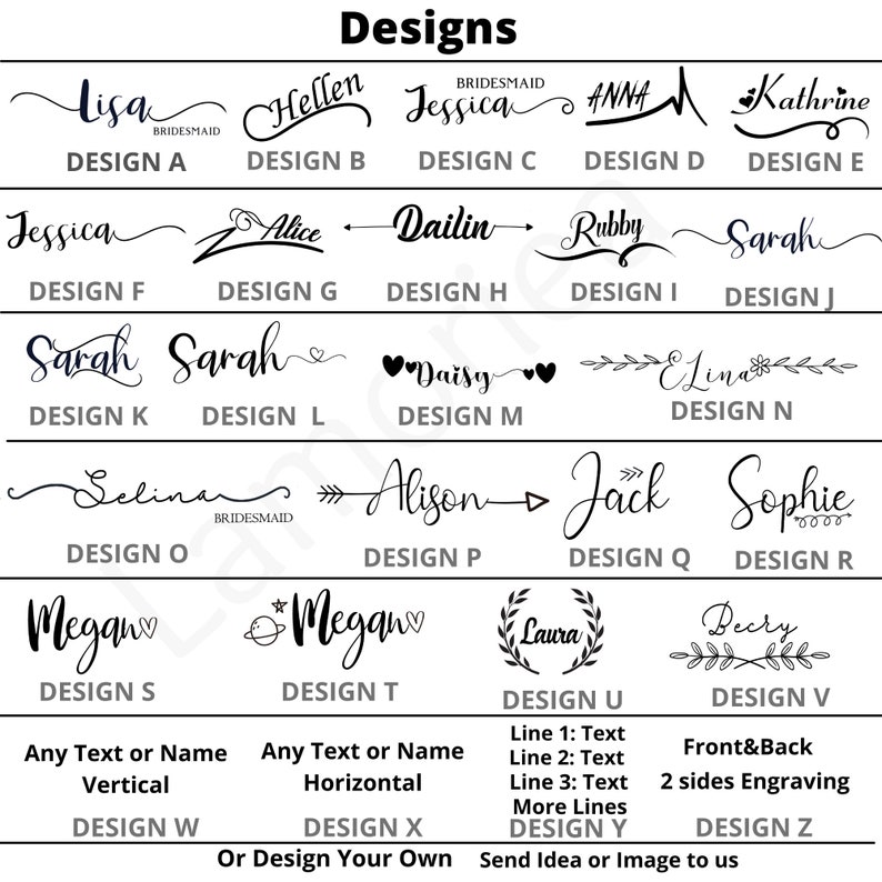 Pode incluir: Um gr&aacute;fico com 26 designs diferentes para itens personalizados. Os designs incluem nomes, flechas, cora&ccedil;&otilde;es, flores e outros elementos decorativos. O gr&aacute;fico tamb&eacute;m inclui op&ccedil;&otilde;es para texto vertical e horizontal, bem como grava&ccedil;&atilde;o frontal e traseira.