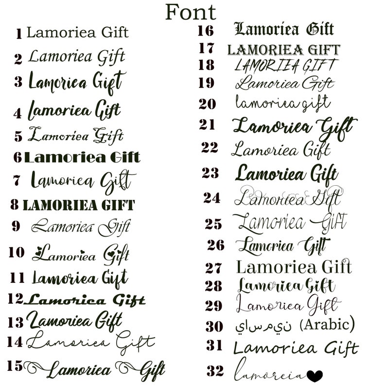 May include: A graphic design image showing different font styles for the name "Lamoriea Gift". The image shows 32 different variations of the name in different fonts, including cursive, bold, and all caps.