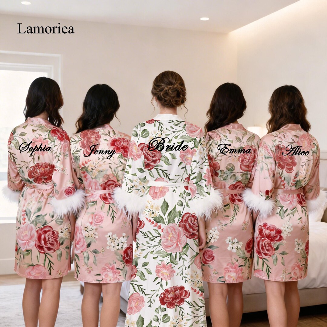 Decorated Robe Embroidered Floral Satin Robes With Feather Sleeves, Bridesmaid Bridal ...