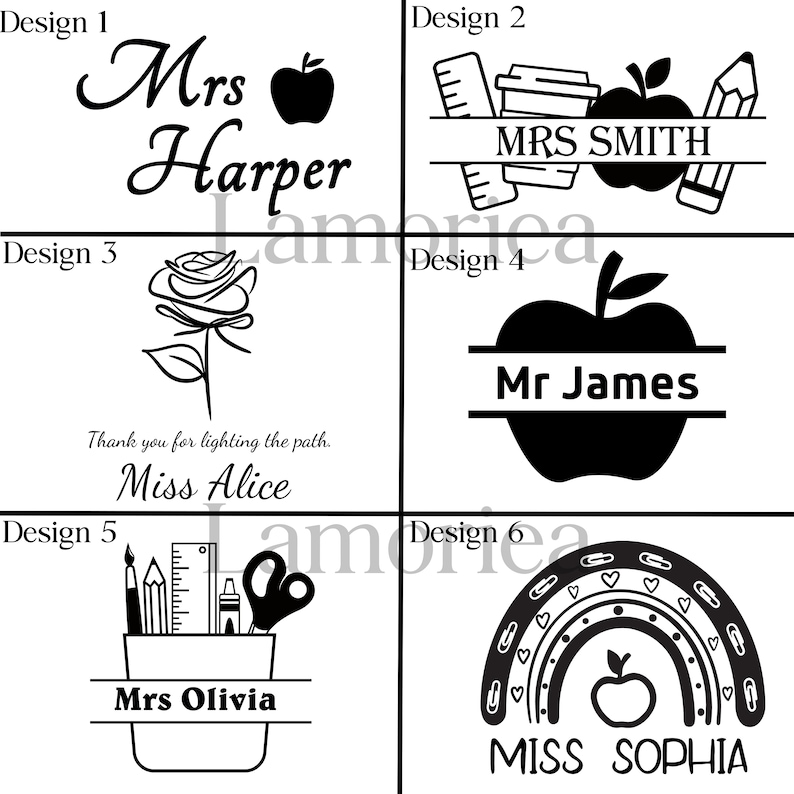 May include: Six different designs for teacher appreciation gifts. The designs feature a variety of images, including an apple, a rose, a pencil, a coffee cup, a rainbow, and a teacher's desk. The text on the designs includes "Mrs. Harper", "MRS SMITH", "Mr James", "Miss Alice", "Mrs Olivia", and "MISS SOPHIA".