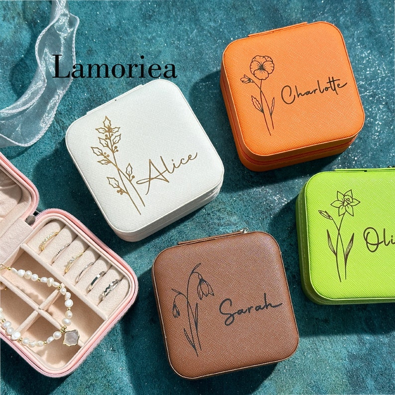 Engraved Birth Flower jewellery Box, Travel Jewelry Box, Birthday Gift, Bridal Party Gifts, Bridesmaid Gifts, Gift for her imagem 1