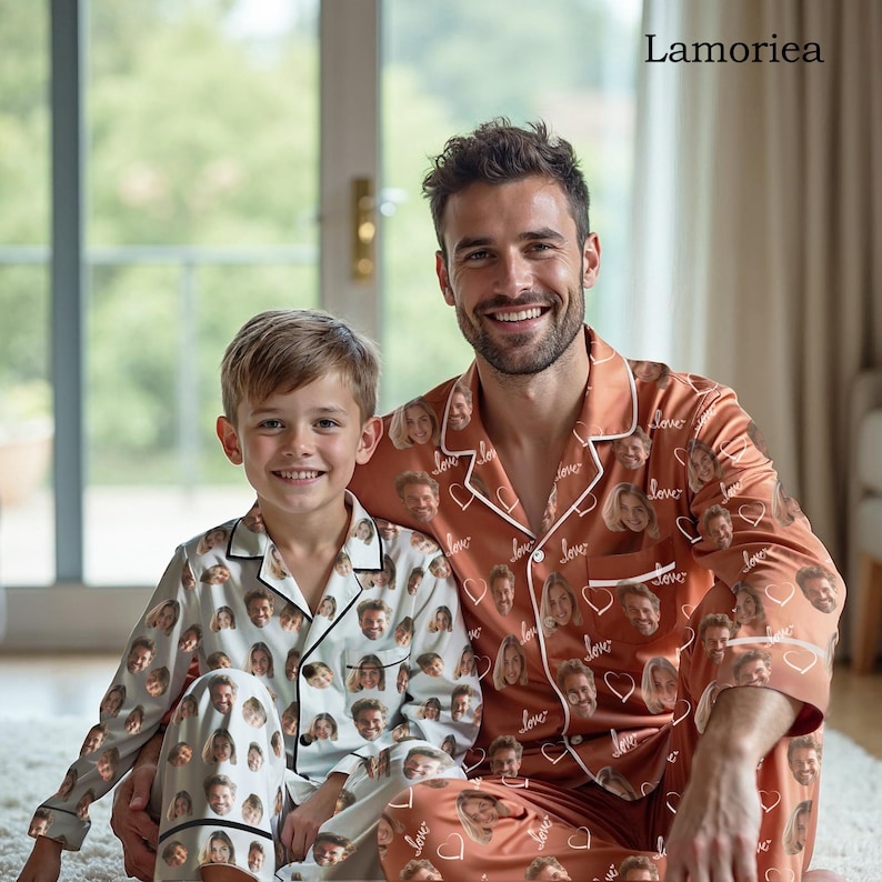 May include: Matching pajama sets featuring a custom face print. One set is a light peach color with white trim and the word "love" printed on it. The other set is white with a custom face print and black trim. The brand name "Lamoriea" is in the top right corner.