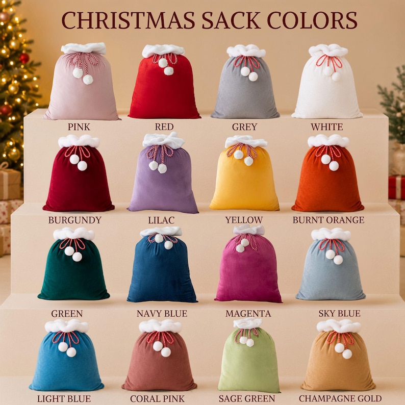May include: A collection of sixteen Christmas sacks in various colors including pink, red, grey, white, burgundy, lilac, yellow, burnt orange, green, navy blue, magenta, sky blue, light blue, coral pink, sage green, and champagne gold.