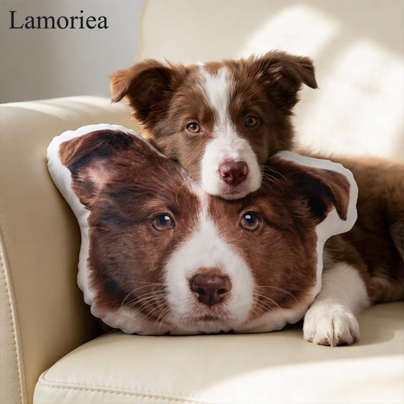 Puede incluir: Un cachorro marr&oacute;n y blanco descansa sobre un coj&iacute;n con forma de cara de perro. El coj&iacute;n y el cachorro tienen marcas similares, incluyendo pelaje marr&oacute;n y parches blancos. El coj&iacute;n tiene forma de cabeza de perro. La palabra "Lamorea" est&aacute; en la esquina superior izquierda.