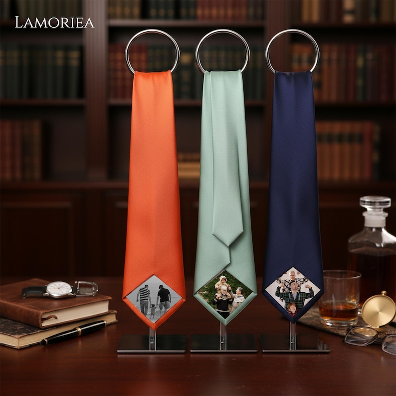 May include: Three neckties in orange, light green, and navy blue, each featuring a square photo print at the bottom tip. The ties are suspended from silver metal rings on individual stands. The brand name LAMORIEA is visible in the top left corner.