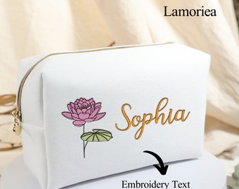 Bolsa de maquillaje de flor de nacimiento de bordado personalizado, propuesta de dama de honor, regalos del mes de nacimiento, regalo de dama de honor, regalo para ella, regalo de boda nupcial