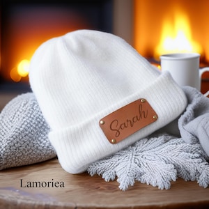 Custom Christmas Beanie Hat, Knit Beanie, Personalized Leather Winter Hat, Adult Christmas Hat, Women Winter Beanie, Gift for Her, Christmas