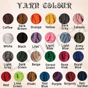 Peut inclure: Un nuancier de couleurs de fil, comprenant Coffee, Dark Brown, Orange, Yellow, Dark Grey et Salmon. D'autres couleurs incluent White, Black, Lilac, Light Pink, Light Blue, Army Green, Light Grey, Dark Green, Beige, Forest Green, Rose Pink, Royal Blue, Red, Lime Green, Khaki, Teal Blue, Purple, Burgundy et Dark Teal Blue.