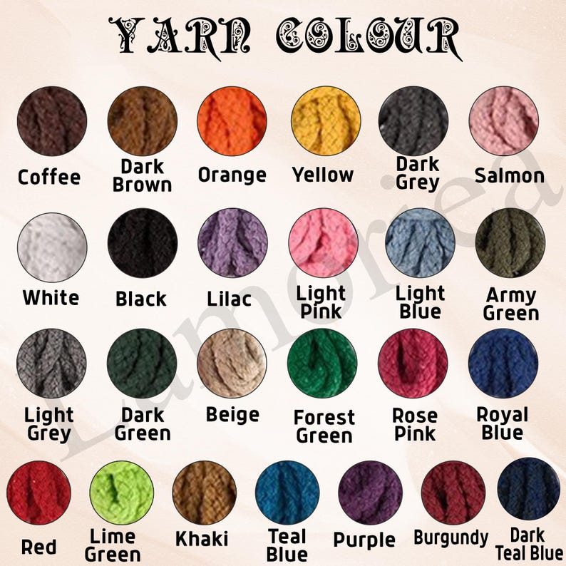 Peut inclure: Un nuancier de couleurs de fil, comprenant Coffee, Dark Brown, Orange, Yellow, Dark Grey et Salmon. D'autres couleurs incluent White, Black, Lilac, Light Pink, Light Blue, Army Green, Light Grey, Dark Green, Beige, Forest Green, Rose Pink, Royal Blue, Red, Lime Green, Khaki, Teal Blue, Purple, Burgundy et Dark Teal Blue.