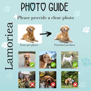Puede incluir: Un gr&aacute;fico azul claro con el texto "GU&Iacute;A DE FOTOS" y "Por favor, proporcione una foto clara". Muestra un antes y un despu&eacute;s de una foto de perro, con ejemplos de fotos aceptables e inaceptables para un producto terminado.