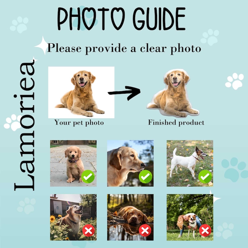 Puede incluir: Un gr&aacute;fico azul claro con el texto "GU&Iacute;A DE FOTOS" y "Por favor, proporcione una foto clara". Muestra un antes y un despu&eacute;s de una foto de perro, con ejemplos de fotos aceptables e inaceptables para un producto terminado.